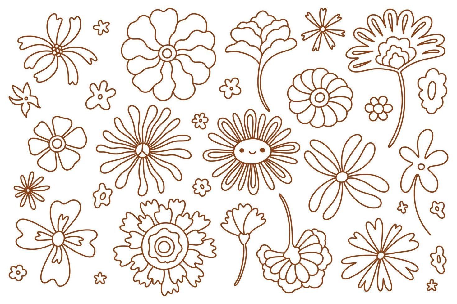 doodle groovy vektor blomma set. handritad linje blommig samling illustrationer isolerade på vitt