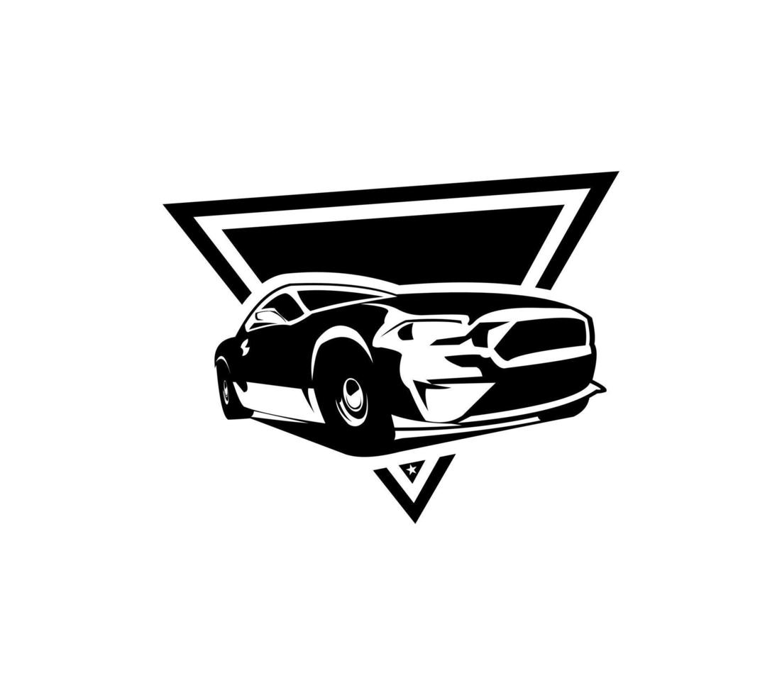 Muscle-Car-Logo-Vektorauto isoliert auf Blau sieht elegant von einer stilvollen Front aus und eignet sich hervorragend für Banner, Vorlagen, Embleme, Abzeichen, Kleidung vektor