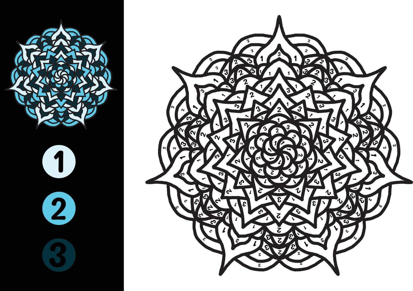Farbe nach Zahlen-Mandala-Design. Nummernmalseite mit niedlichem Mandala vektor