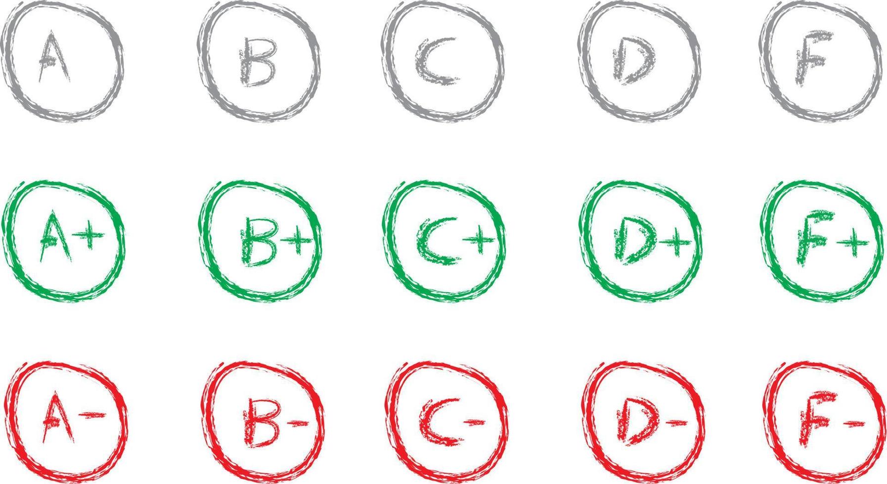 Bewertungsergebnisse. handgezeichnete schul- oder college-prüfungsergebnisse. klassennoten mit kreisen, plus und minus vektor