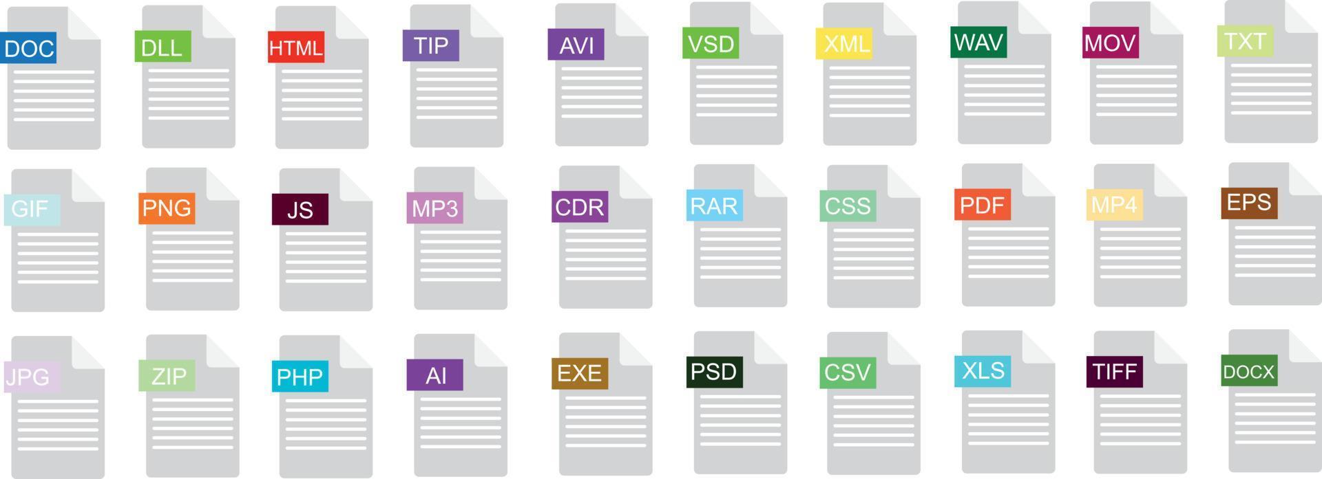 Symbole für Dateitypen. großer Satz von pdf, doc, excel, png, jpg, psd, gif, csv, xls, ppt, html, txt. Sammlung farbiger Symbole zum Herunterladen auf den Computer. Grafikvorlagen für ui. Dokumenttypen im flachen Stil vektor