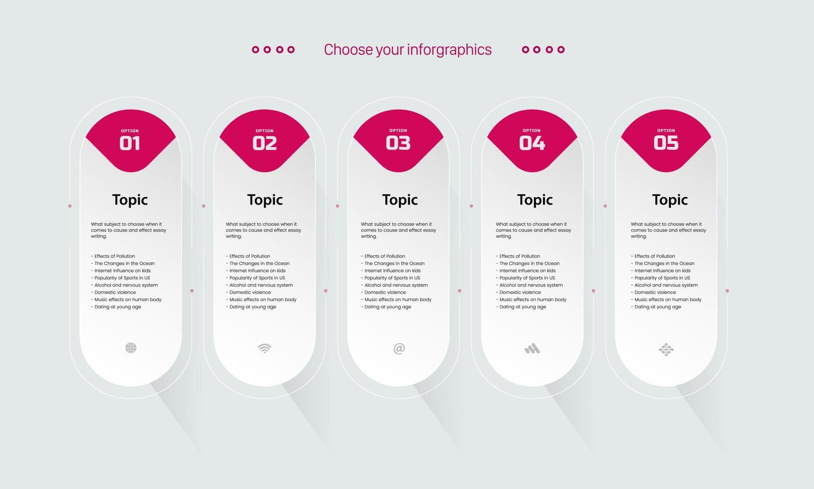 fem infografisk design med ikoner. fem alternativ eller fem steg. processdiagram, flödesschema, infograf, infografik för affärsidé, presentationsbanner, arbetsflödeslayout, vektor