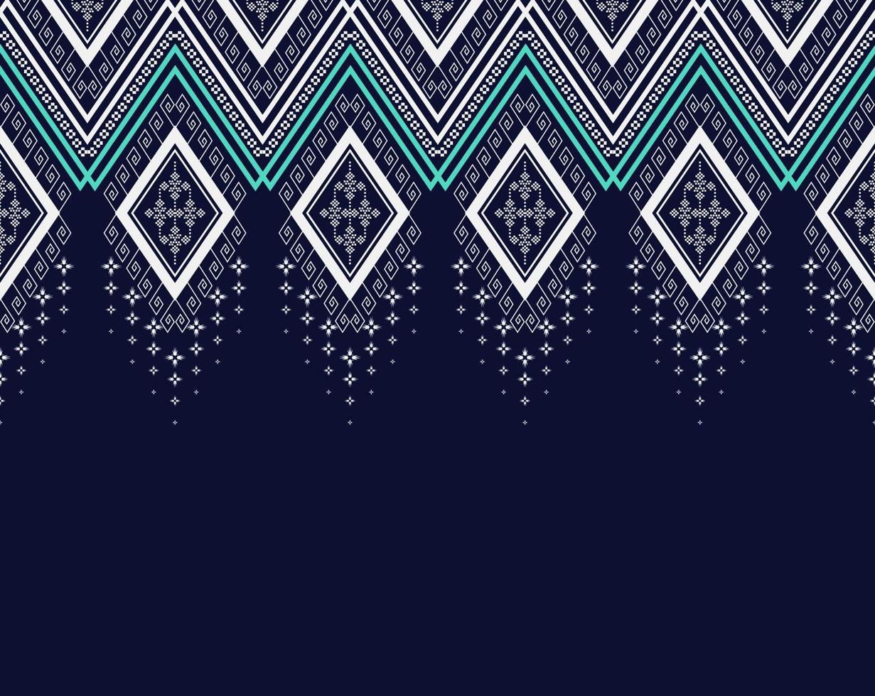 Geometrische ethnische Textur-Stickerei-Design mit dunkelblauem Hintergrunddesign, Rock, Tapete, Kleidung, Verpackung, Batik, Stoff, Blatt, weißes Dreieck formt Vektor, Illustrationstextur vektor