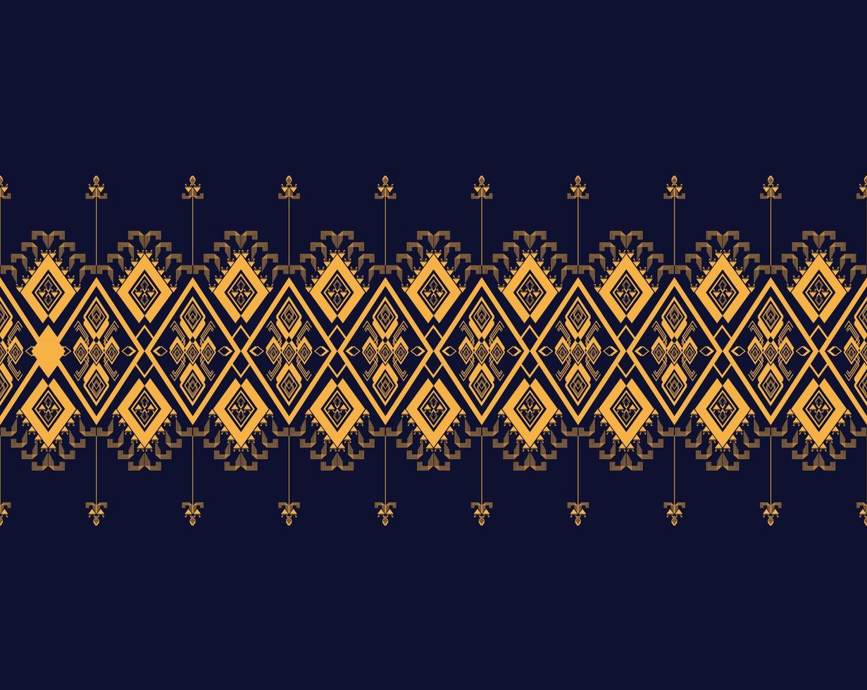 Geometrische ethnische Textur-Stickerei-Design mit dunkelblauem Hintergrunddesign, Rock, Tapete, Kleidung, Verpackung, Stoff, Blatt, gelbes Dreieck formt Vektor, Illustrationsmuster vektor