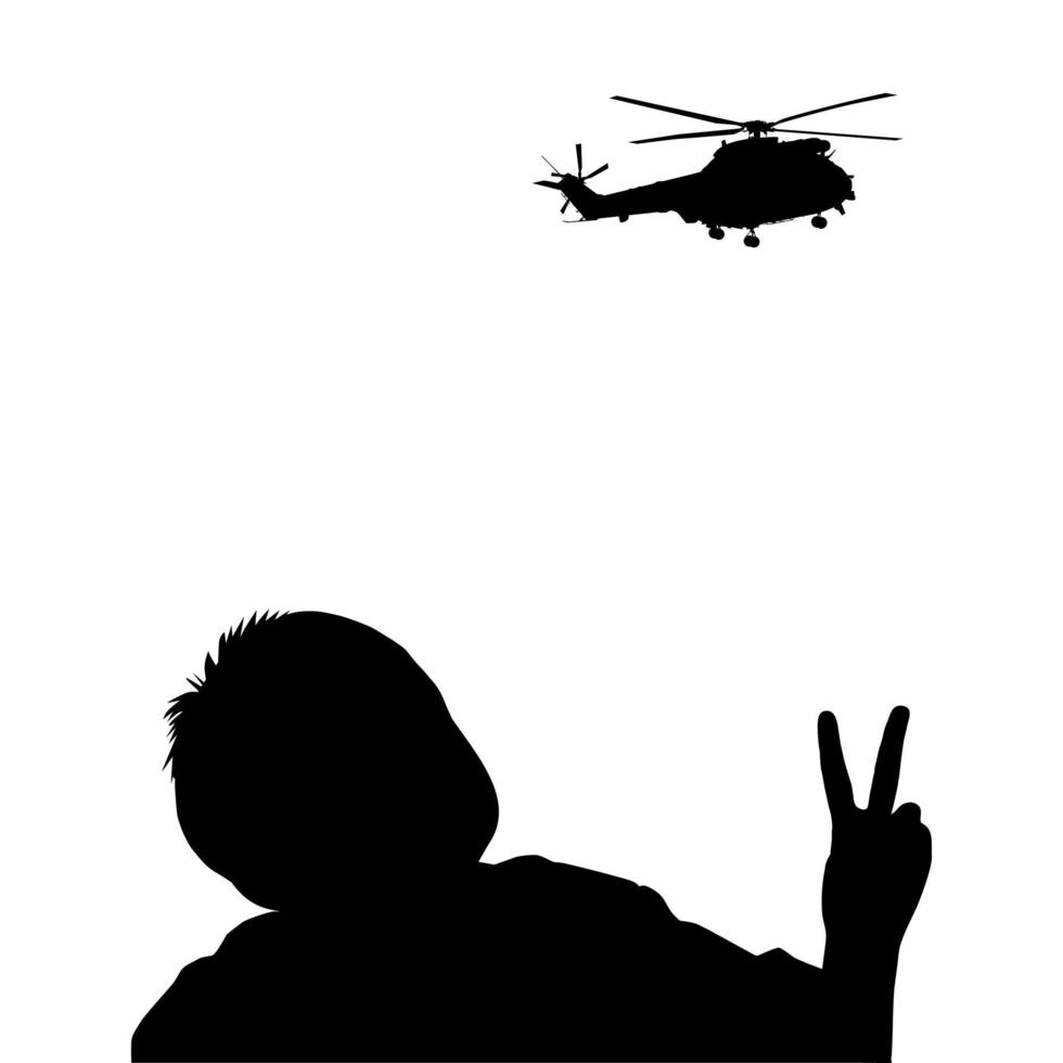 Die Silhouette des kleinen Jungen gibt dem Angriffshubschrauber ein Friedensfingerzeichen. Vektor-Illustration vektor