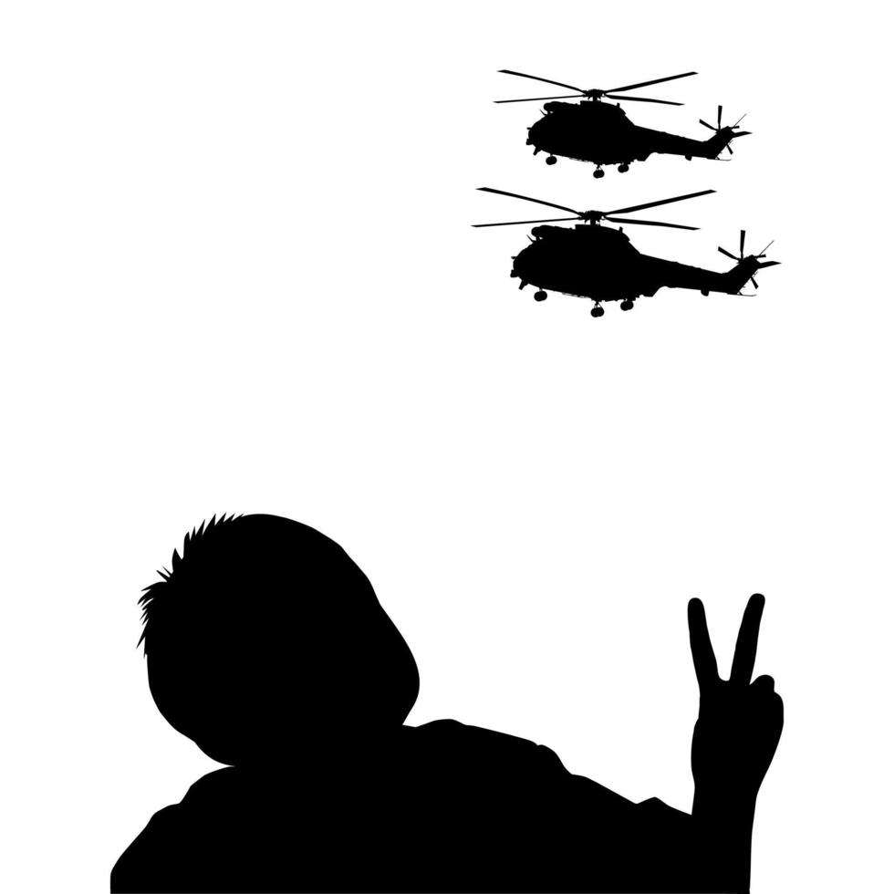 silhuetten av den lilla pojken ger fred finger tecken för att attackera helikopter. vektor illustration