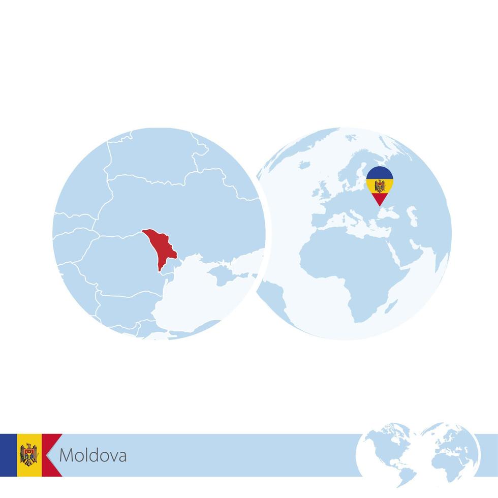 Moldawien auf der Weltkugel mit Flagge und regionaler Karte von Moldawien. vektor