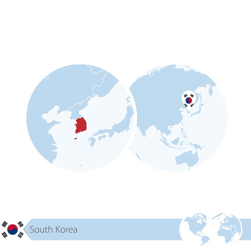 Südkorea auf der Weltkugel mit Flagge und regionaler Karte von Südkorea. vektor