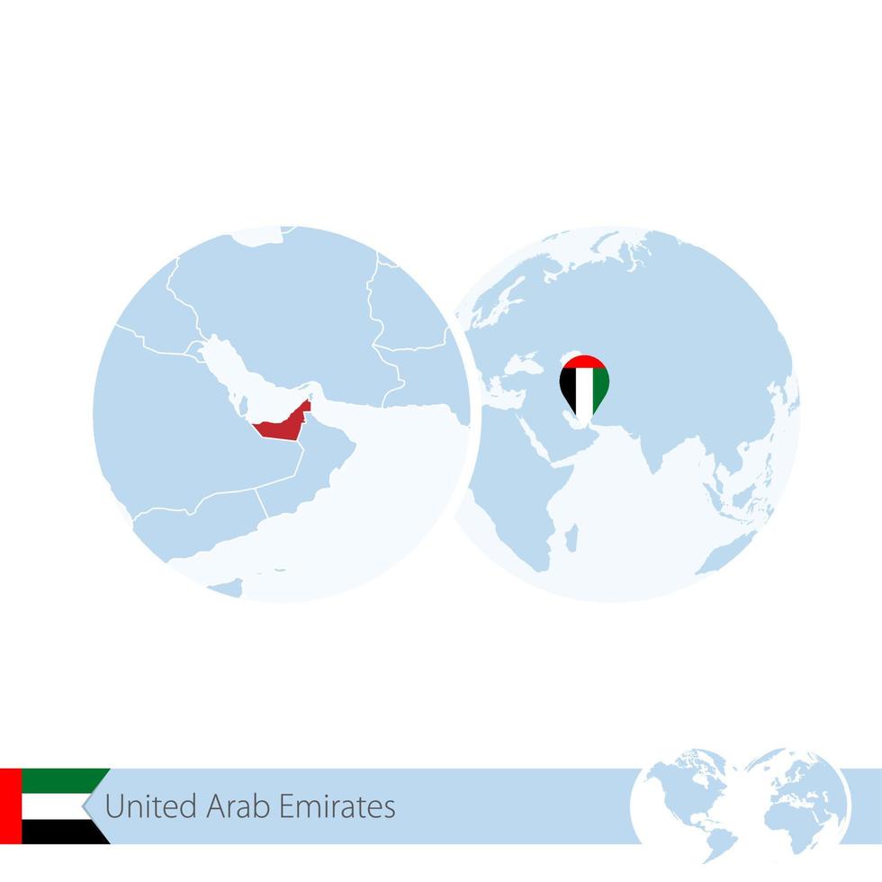 vereinigte arabische emirate auf weltkugel mit flagge und regionaler karte der vae. vektor