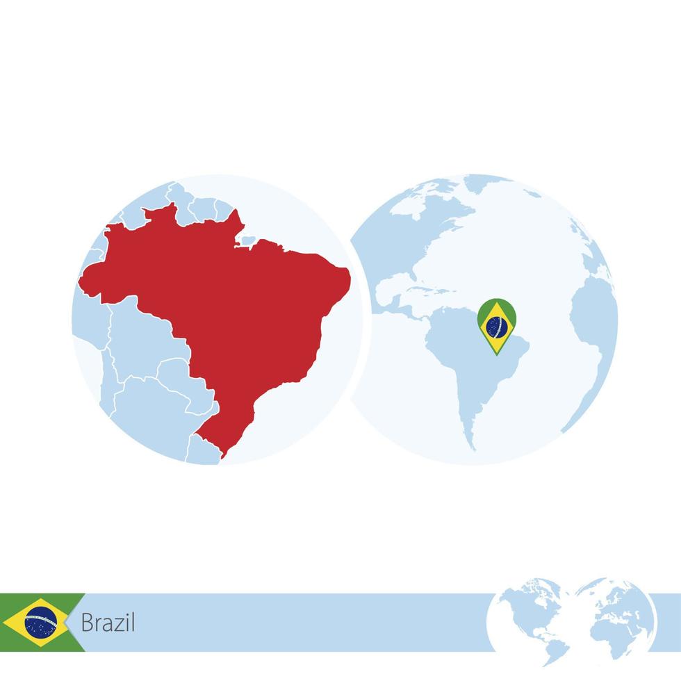 Brasilien auf der Weltkugel mit Flagge und regionaler Karte von Brasilien. vektor