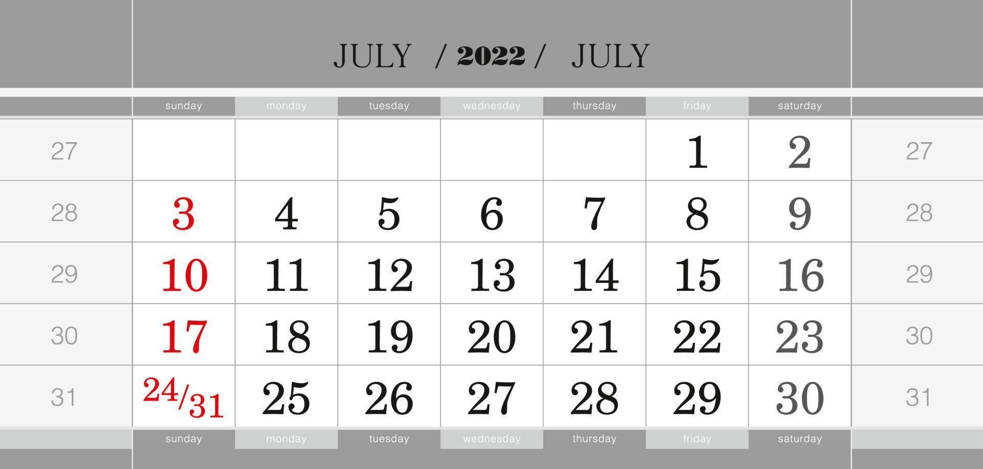 juli 2022 kvartalskalenderblock. väggkalender på engelska, veckan börjar från söndag. vektor