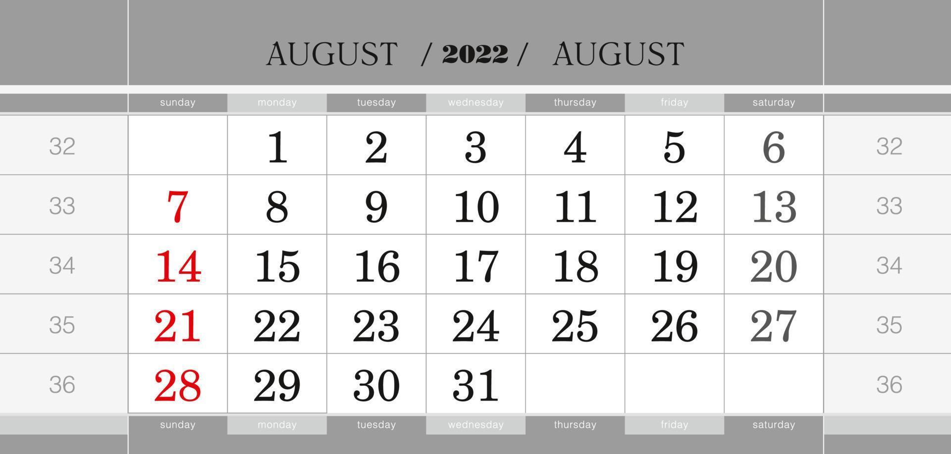 august 2022 vierteljährlicher kalenderblock. Wandkalender in Englisch, Woche beginnt am Sonntag. vektor