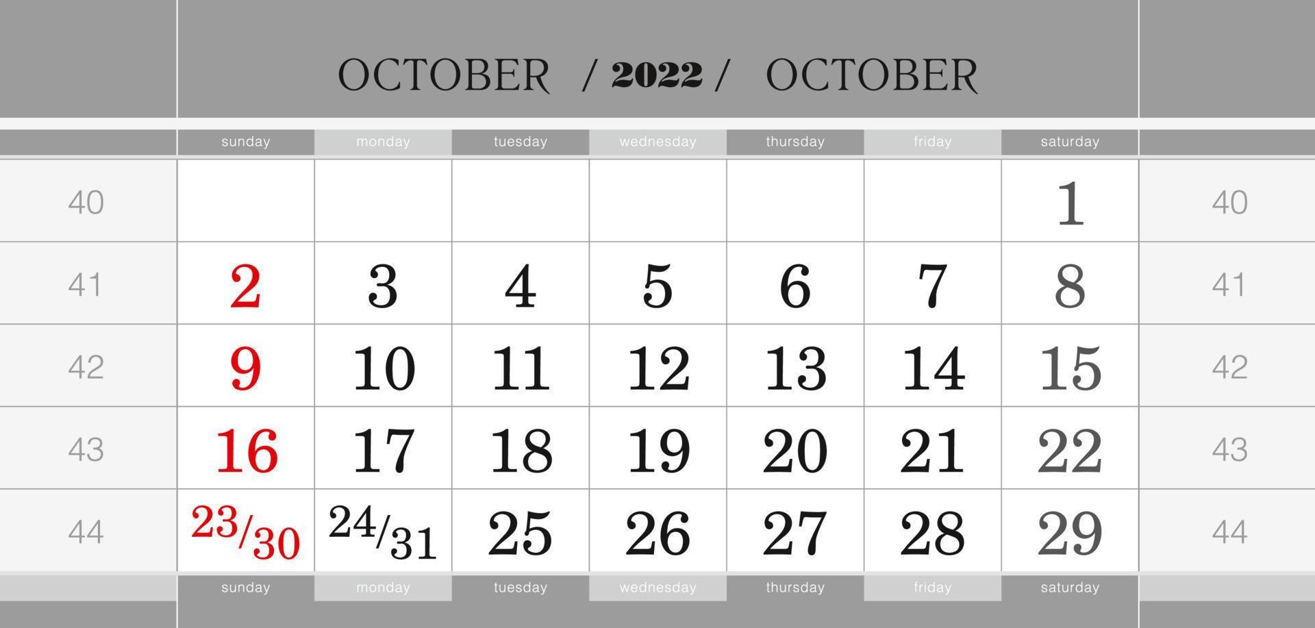 oktober 2022 kvartalsvisa kalenderblock. väggkalender på engelska, veckan börjar från söndag. vektor
