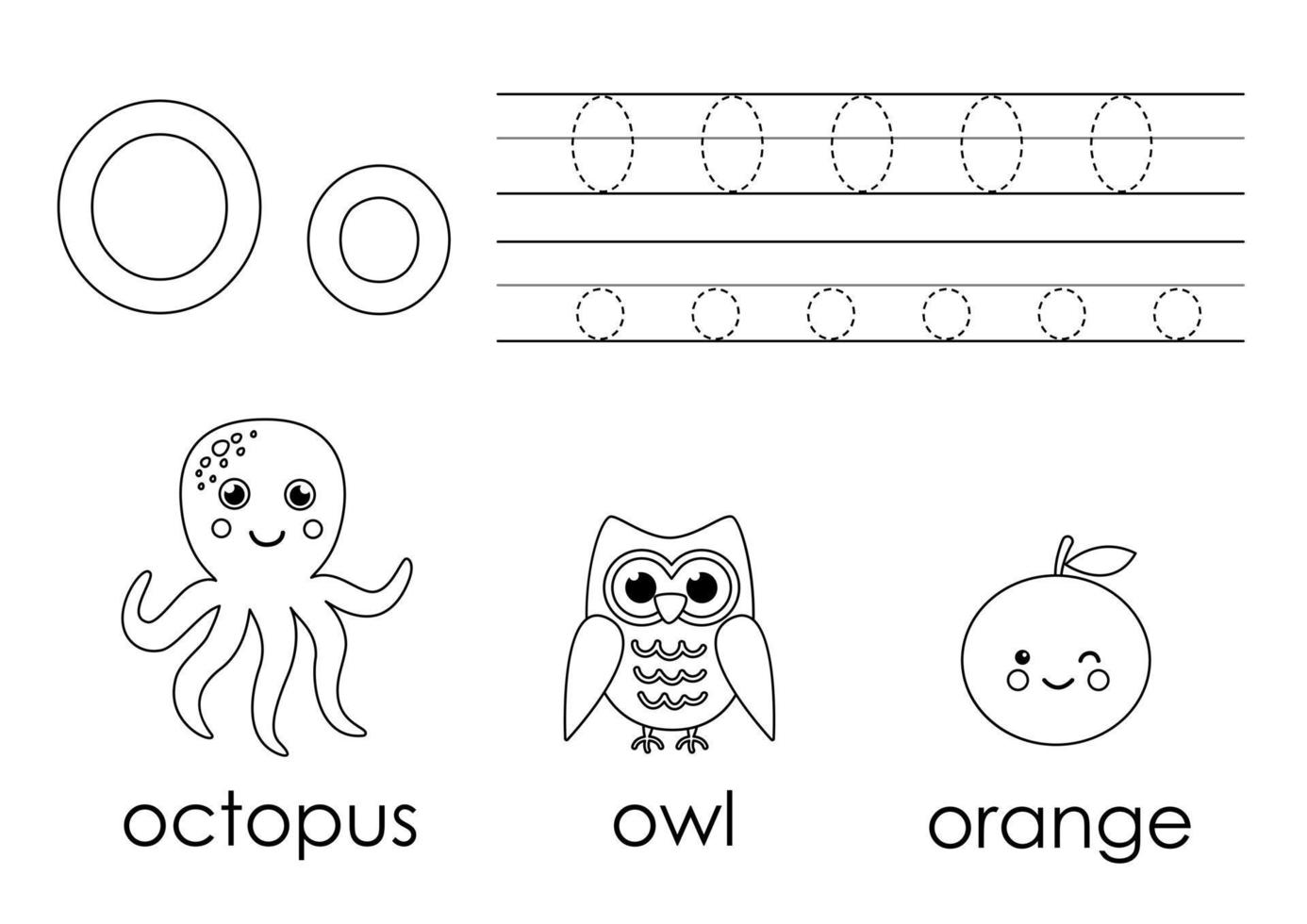 lära sig engelska alfabetet för barn. bokstaven o. målarbok. vektor