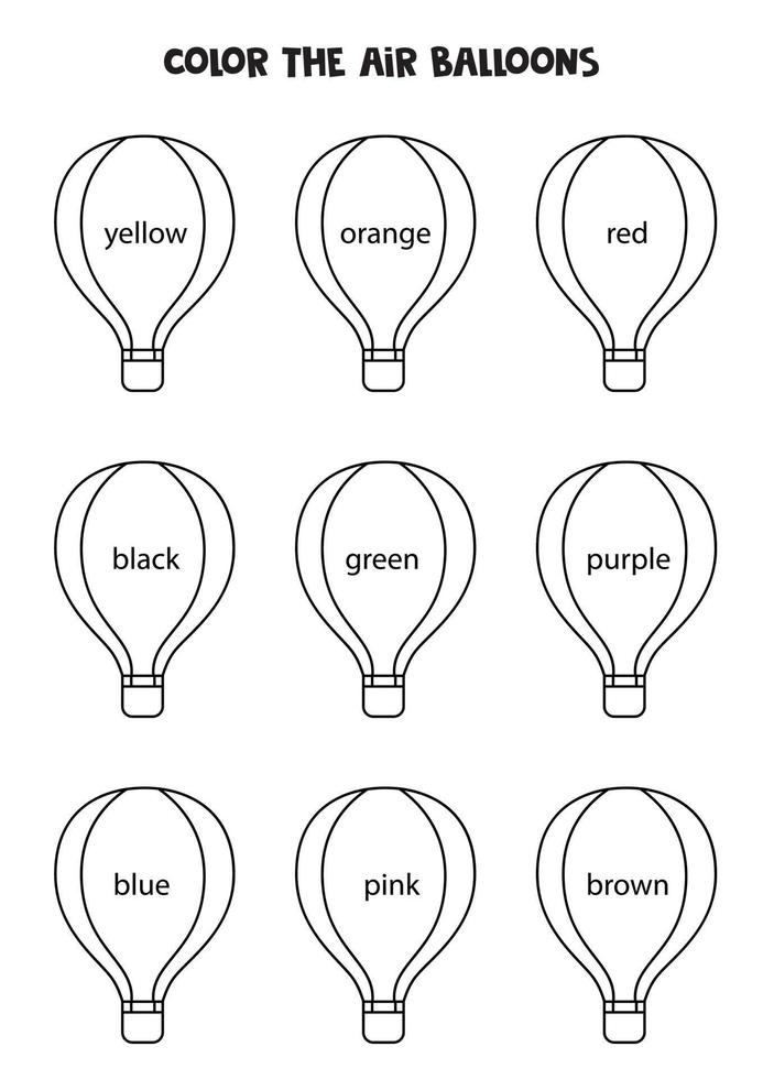 läsa namn på färger och färga luftballonger. pedagogiskt arbetsblad. vektor