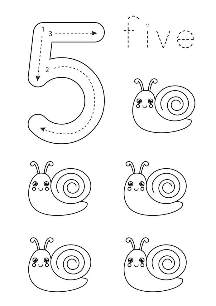 karteikartennummer 5. vorschularbeitsblatt. schwarze und weiße Schnecken. vektor