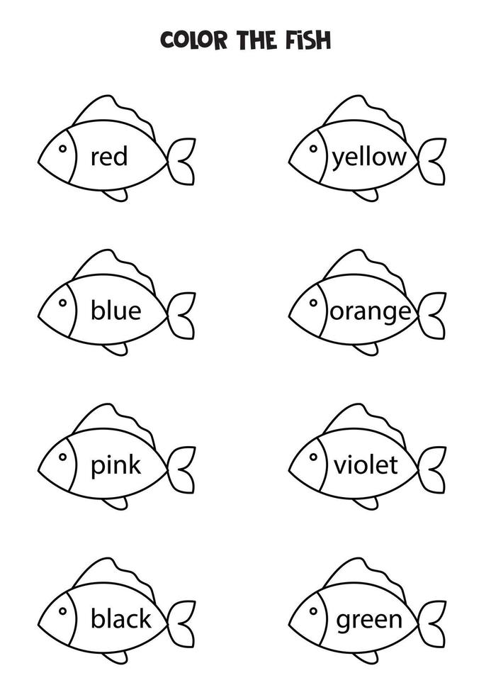 Lesen Sie Namen von Farben und färben Sie niedliche Fische. pädagogisches Arbeitsblatt. vektor