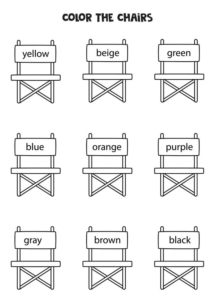 Lesen Sie Namen von Farben und färben Sie Campingstühle. pädagogisches Arbeitsblatt. vektor