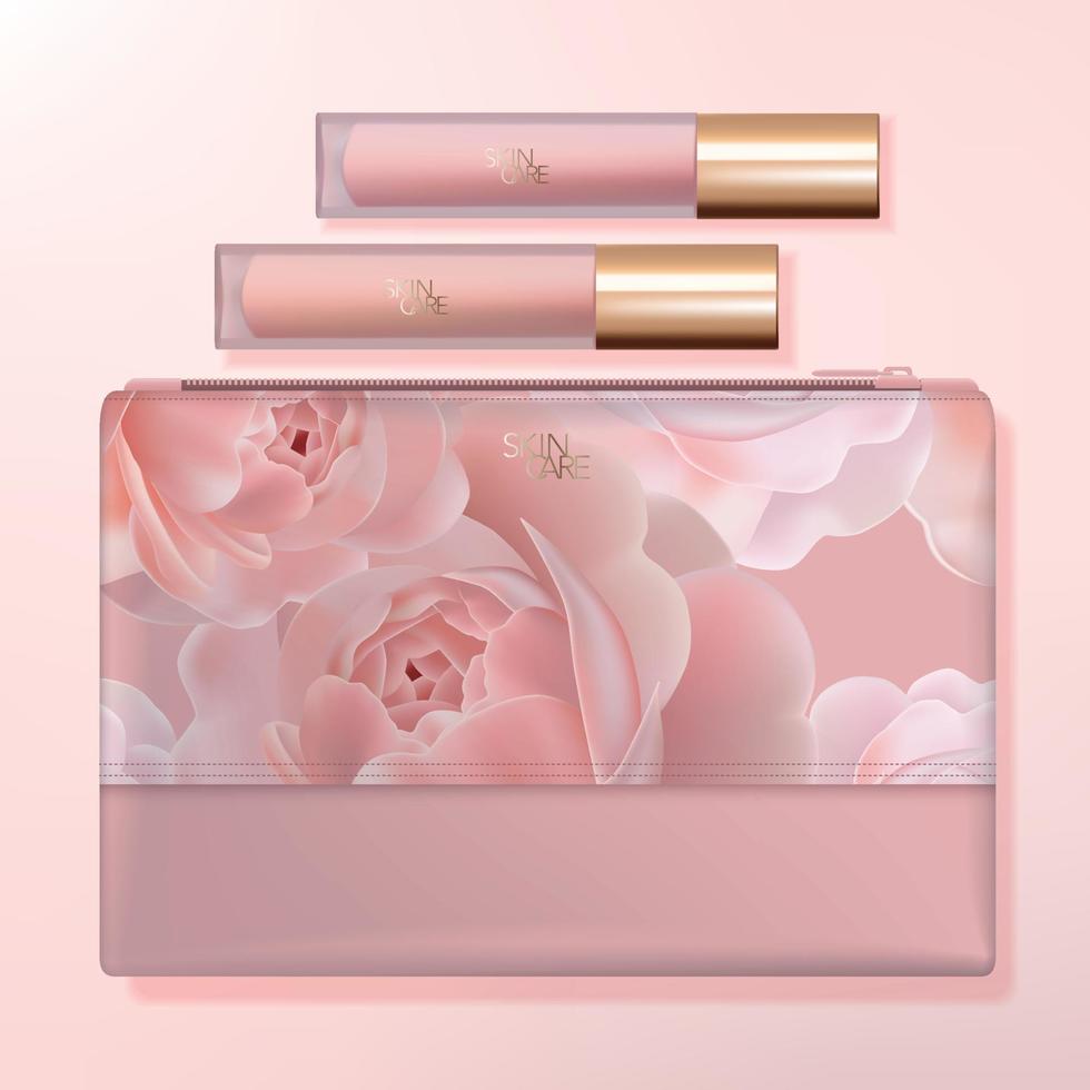 Vektor-Waschtasche, Reiseset oder Beauty-Kosmetiktasche mit Lipgloss-Verpackung. rosafarbenes Rosenmuster gedruckt. vektor