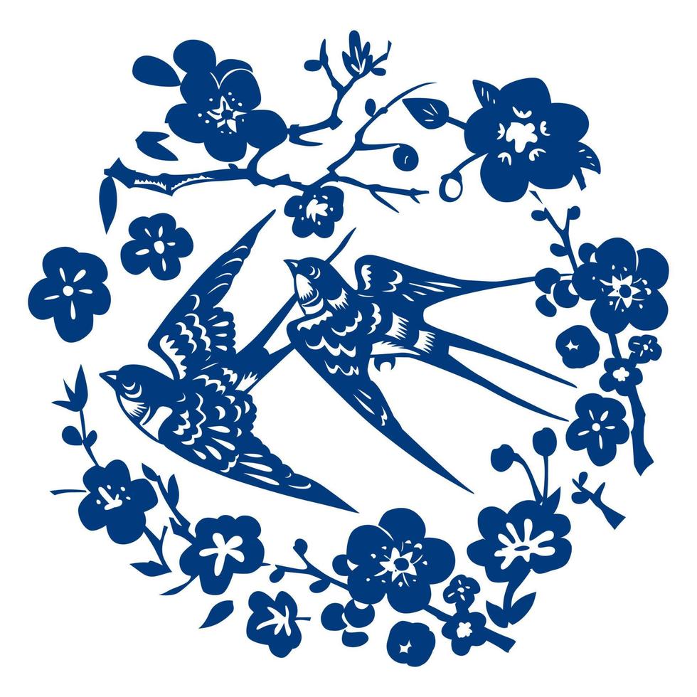 Vektor chinesisches klassisches blaues traditionelles Papierschneiden oder nahtloses Muster aus Porzellan. Schwalbenvogel und Blumenmuster.