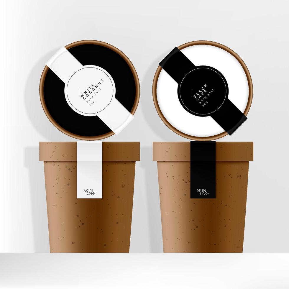 Vektorverpackung aus recyceltem Kraftpapier oder Becher mit minimal gestalteten Schwarz-Weiß-Etiketten vektor