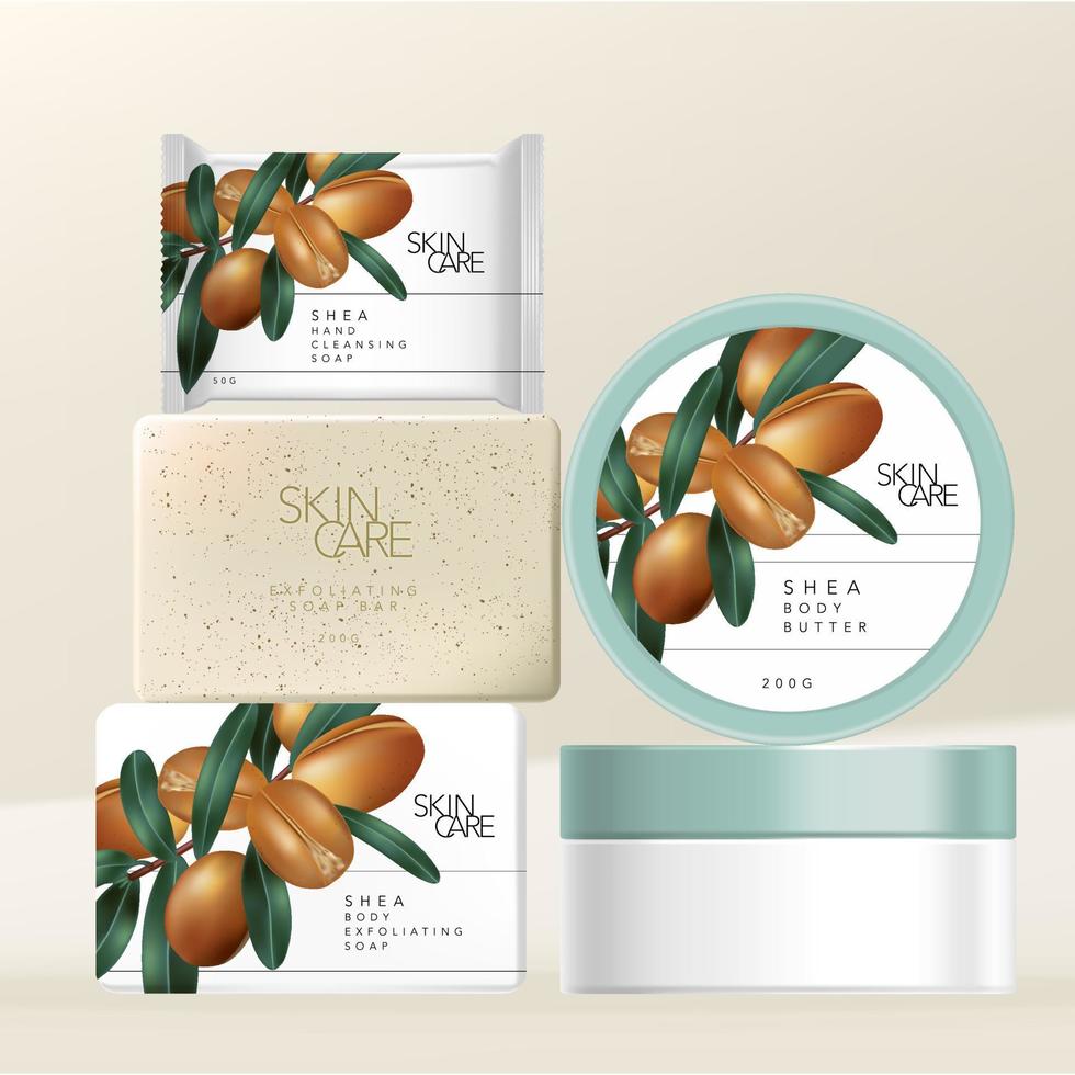 Vektor-Shea-Butter-Körperpeeling und Hand- oder Gesichtsreinigungsseife und Körperbutterglasverpackung mit minimalem Illustrationsdruck von Shea-Butter-Nüssen. vektor