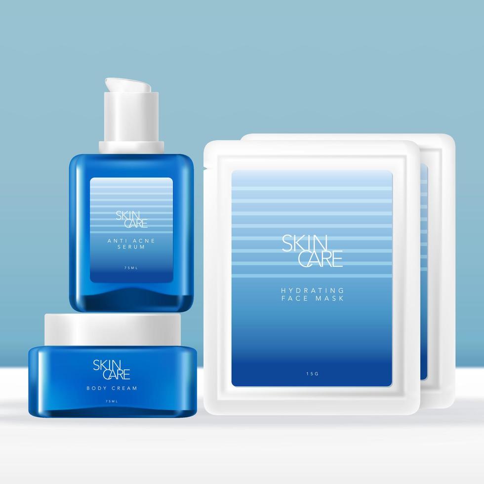 Vektorglas-Serumflasche, Gesichtscremetiegel und Blattmaskenpaket-Verpackungsset mit blauem Design mit Sommerozean-Gradienten vektor