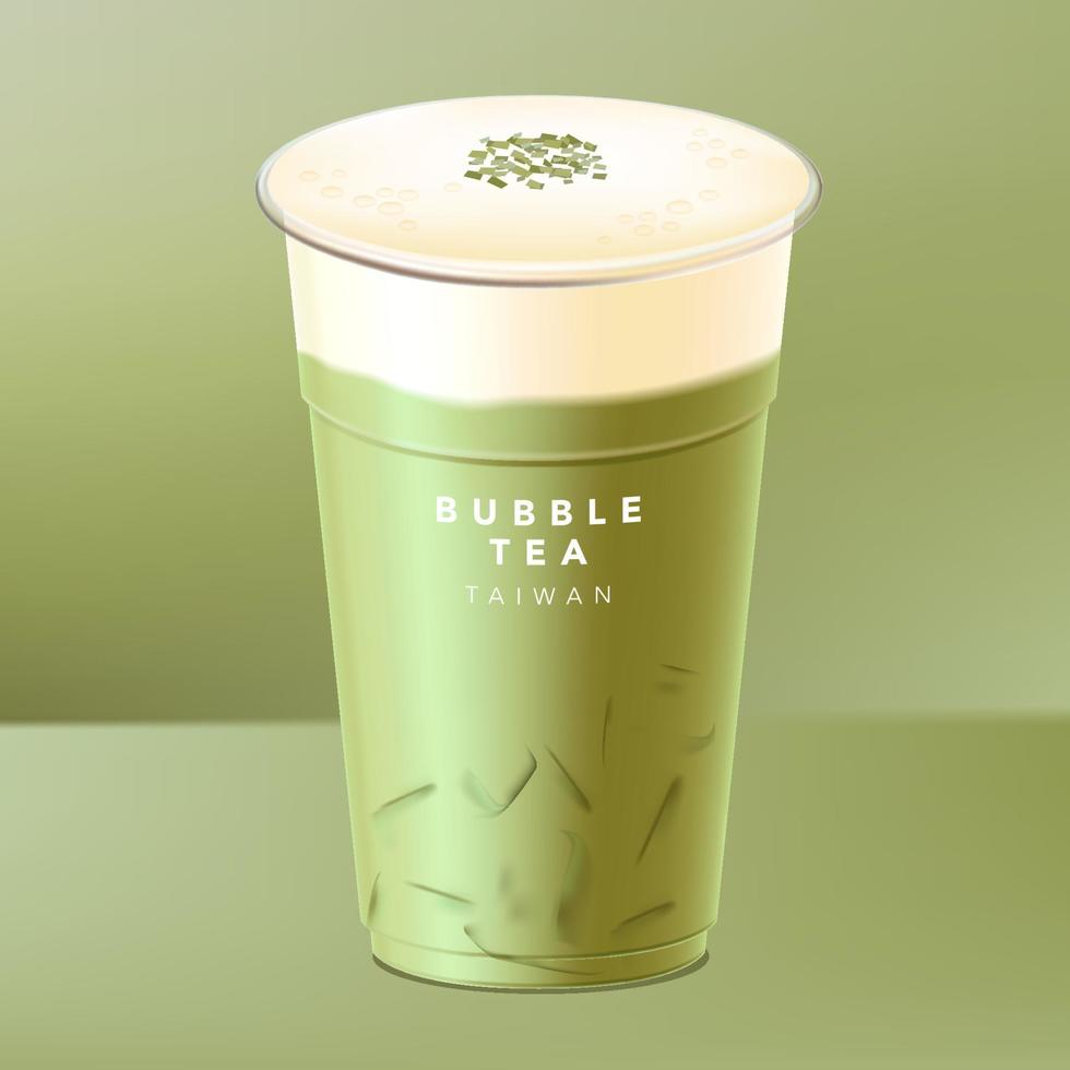 Vektor vereister taiwanesischer Bubble Tea, grüner Tee, Matcha mit Sahne, Käse oder Milchkappe