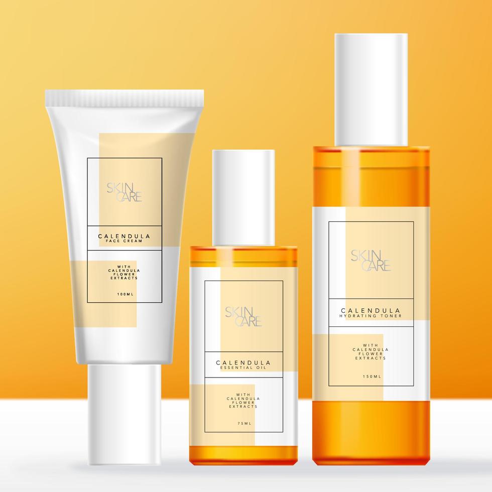 Vektor-Calendula-Thema Hautpflege-, Schönheits- oder Toilettenartikelverpackungen mit transparenter, getönter orangefarbener Flasche und weißem Schlauch. vektor