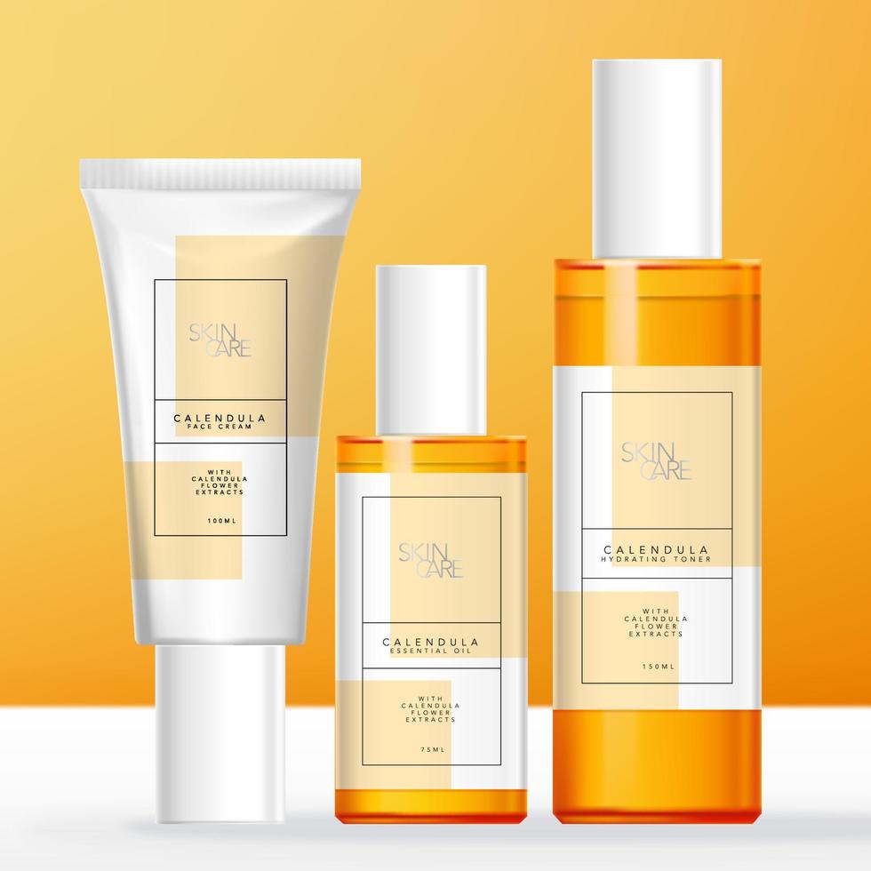 vektor calendula tema hudvård, skönhet eller toalettartiklar förpackningar med transparent tonad orange flaska och vit tub.