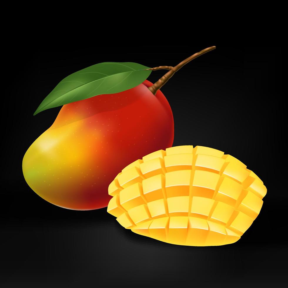 realistische illustration der vektormango mit blatt und geschnittener mango im schwarzen hintergrund vektor