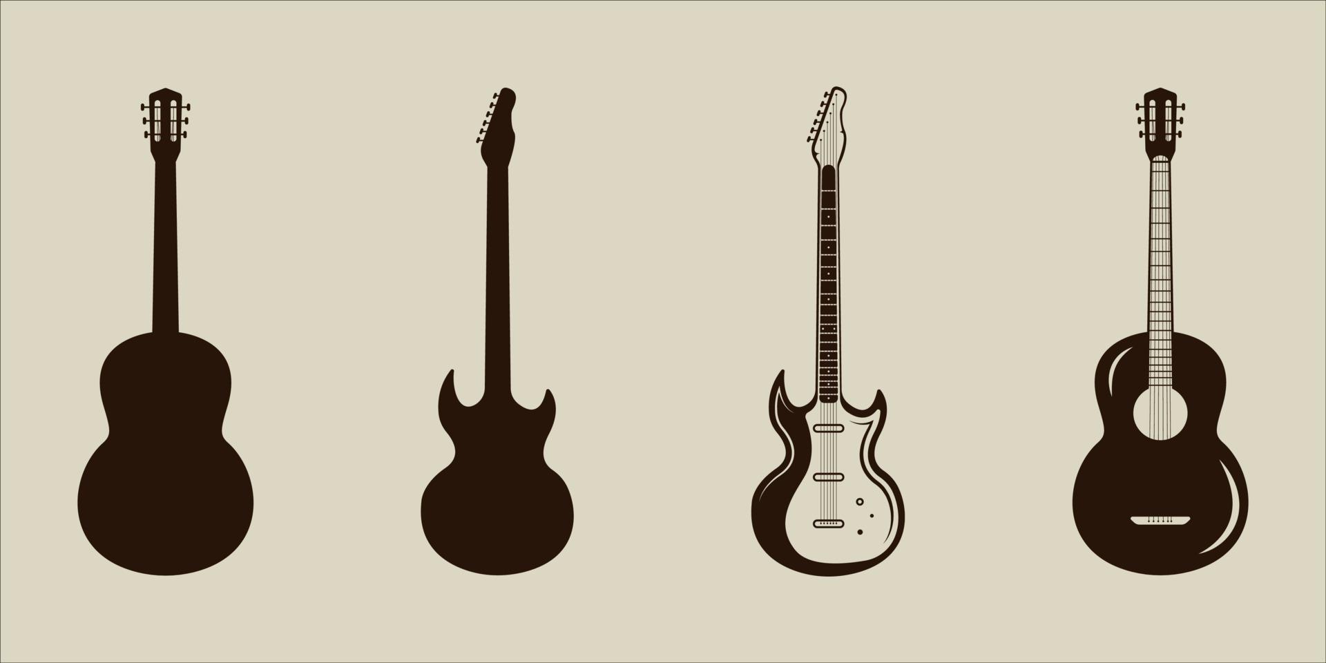 uppsättning ikon gitarr silhuett vektor vintage illustration mall grafisk design. bunt samling av olika instrument musik tecken eller symbol för gitarrist eller business studio koncept