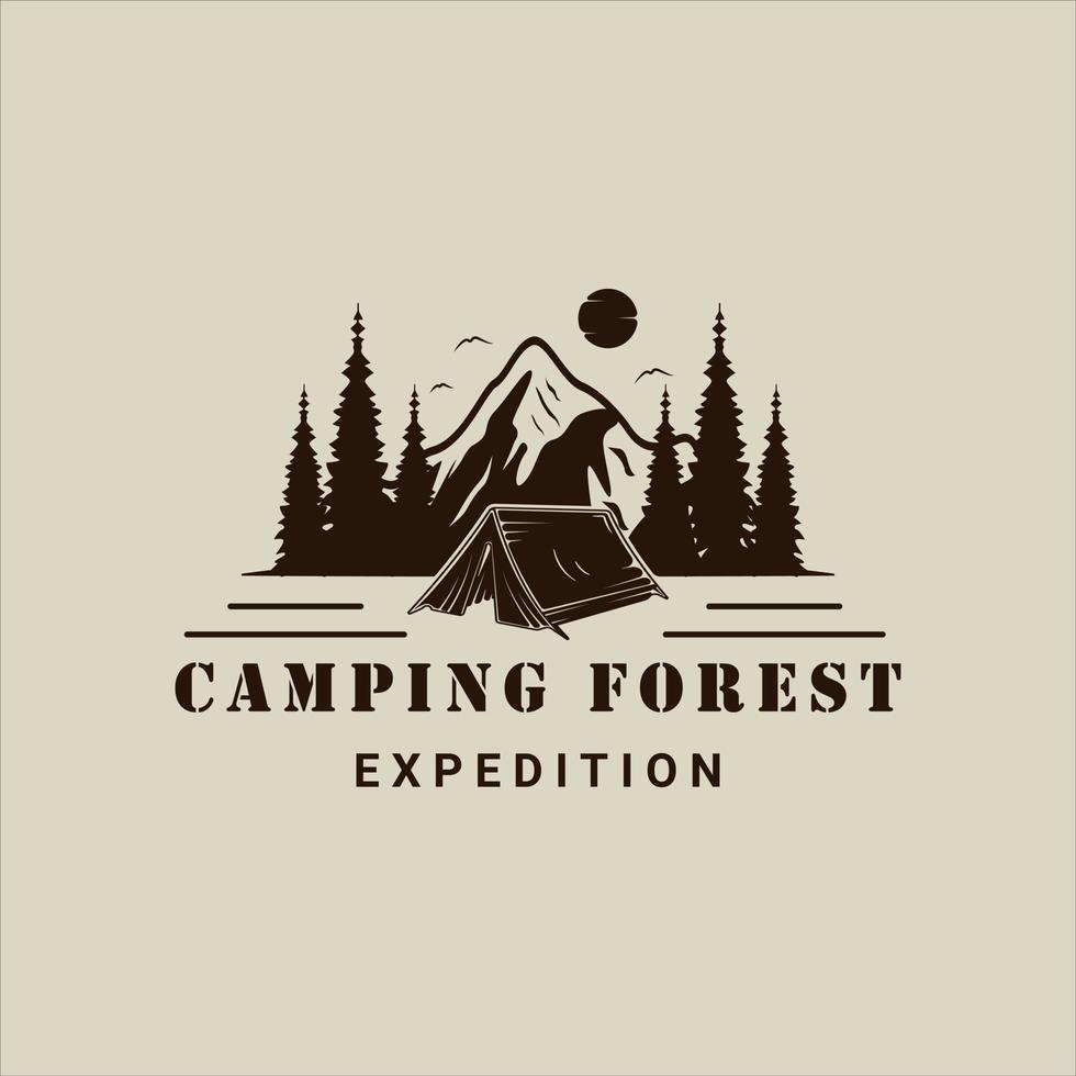 Camping im Wald und Berg Logo Vektor Vintage Illustration Vorlage Symbol Grafikdesign. Outdoor-Reisezeichen oder Symbol für Abenteuer- und Fernweh-Konzept