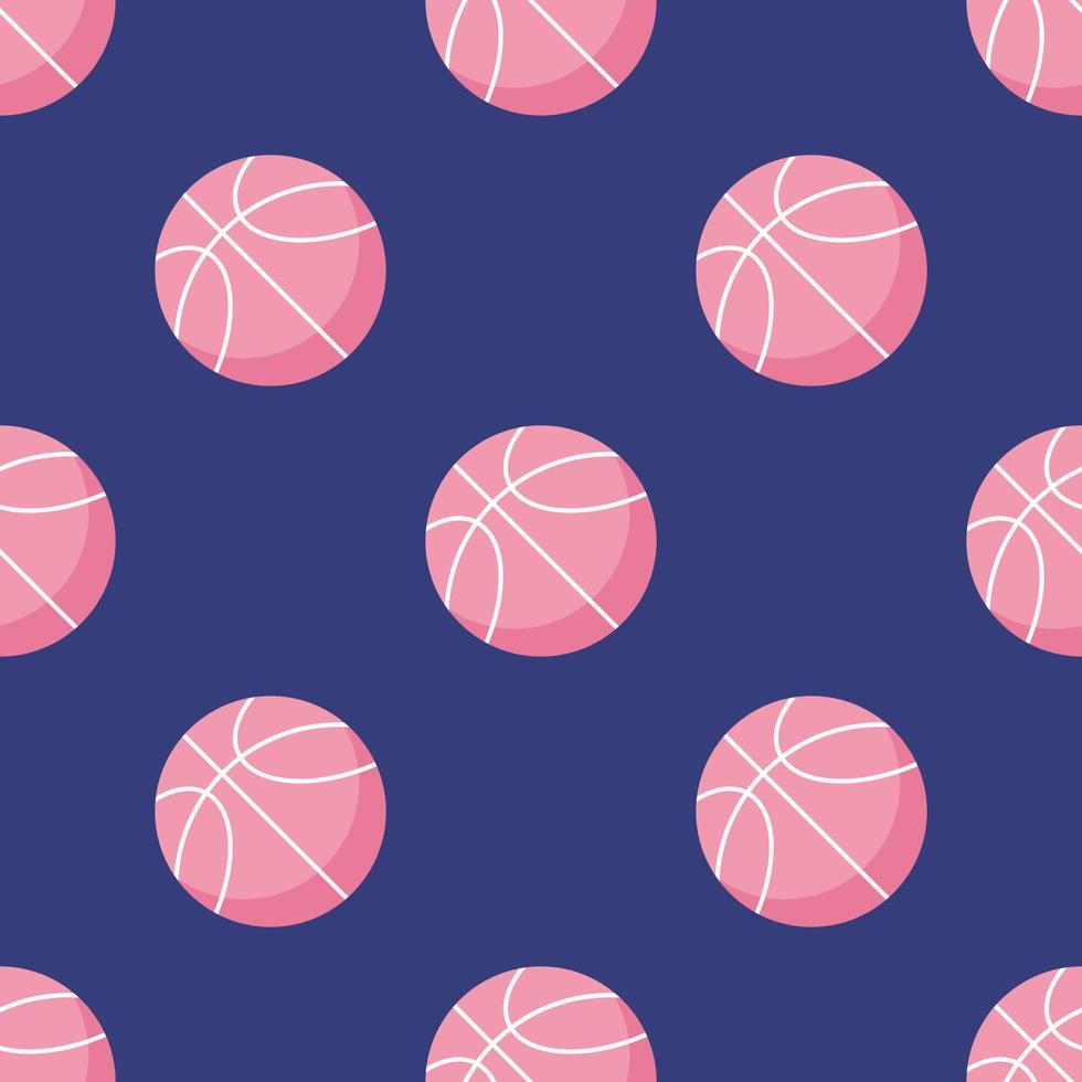 nahtloses muster des rosa basketballballs auf blau. Spiel, Mannschaftssport. beliebte Sportbälle aus Leder. fitness, gesund, trainingshintergrund. hand gezeichnete flache illustration der karikatur. vektor