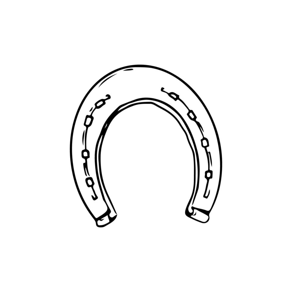 handritad hästsko lycklig ikonelement. tecknad doodle skiss stil. hästsko vintage svart vektorillustration isolerad på vit bakgrund vektor