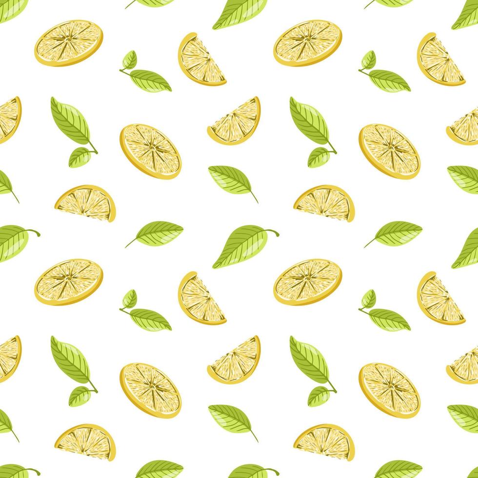 handgezeichnete Zitronenscheiben Vektor nahtloser Musterhintergrund. Zitrusfrüchte und Blätter schneiden. Farbiges Vintage-Design für Tapeten, Stoffe, natürliche Saftverpackungen