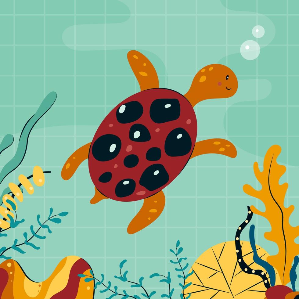 söt tecknad havssköldpadda simmar i vatten bland alger, koraller. rolig marin sköldpadda i akvariet. barnslig färg platt vektorillustration av bedårande undervattenskaraktär vektor