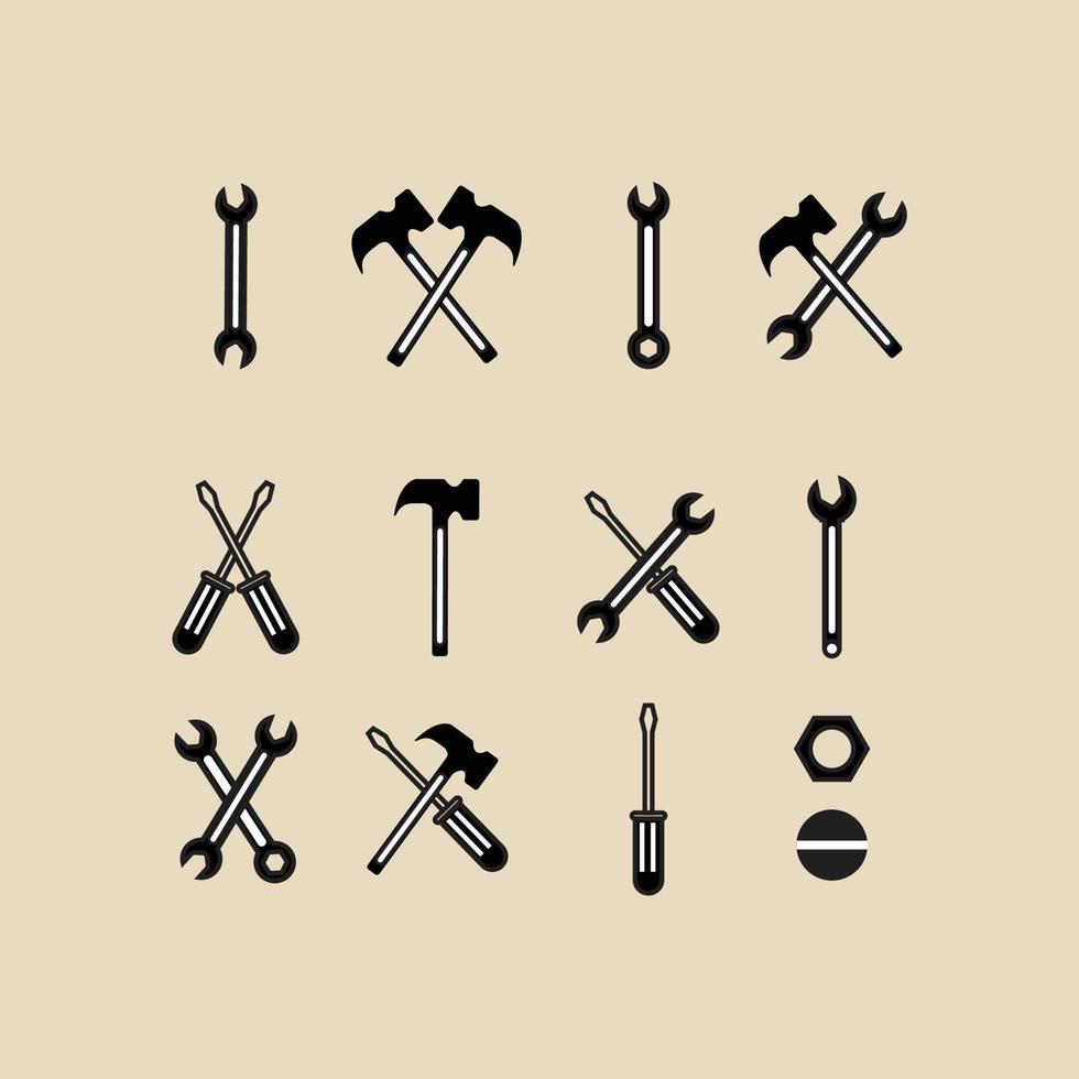 set mekaniker verktyg linjär logotyp, ikon och symbol, med emblem vektor illustration design