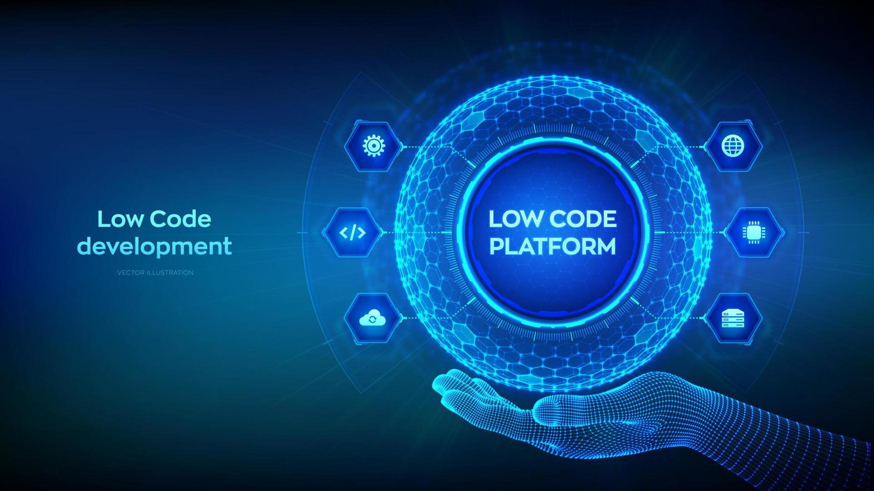 lågkodsplattform. låg kodutvecklingsteknologikoncept. lcdp enkel kodning. sexkantigt rutnät sfär i wireframe hand på blå bakgrund. vektor illustration.