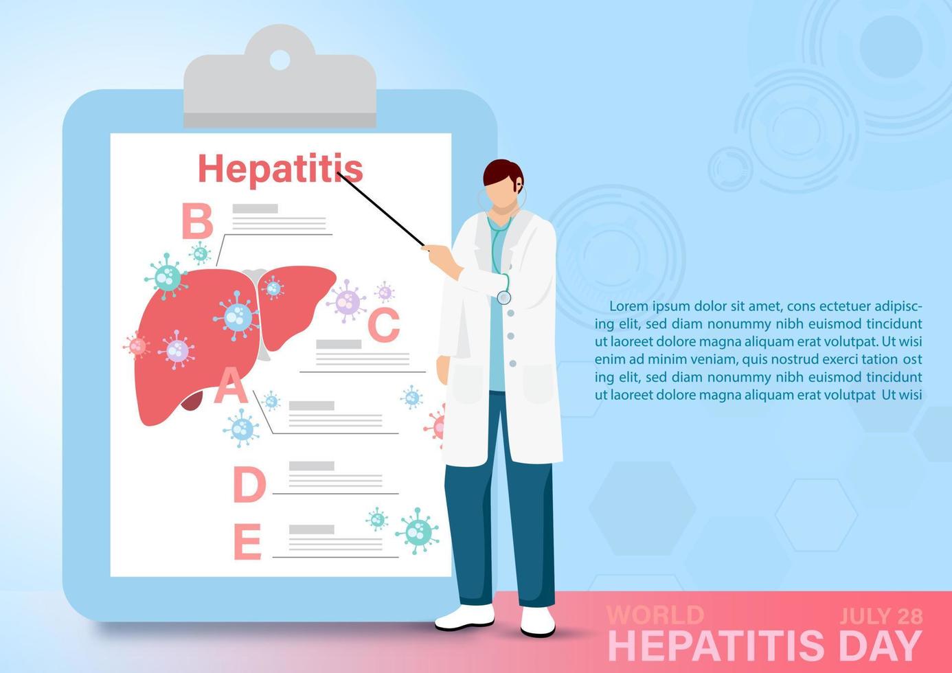 läkare i seriefigur med gigantisk information om hepatits urklipp och exempeltexter på abstrakt mönster och blå bakgrund. världshepatitdagens affischkampanj i platt stil vektor