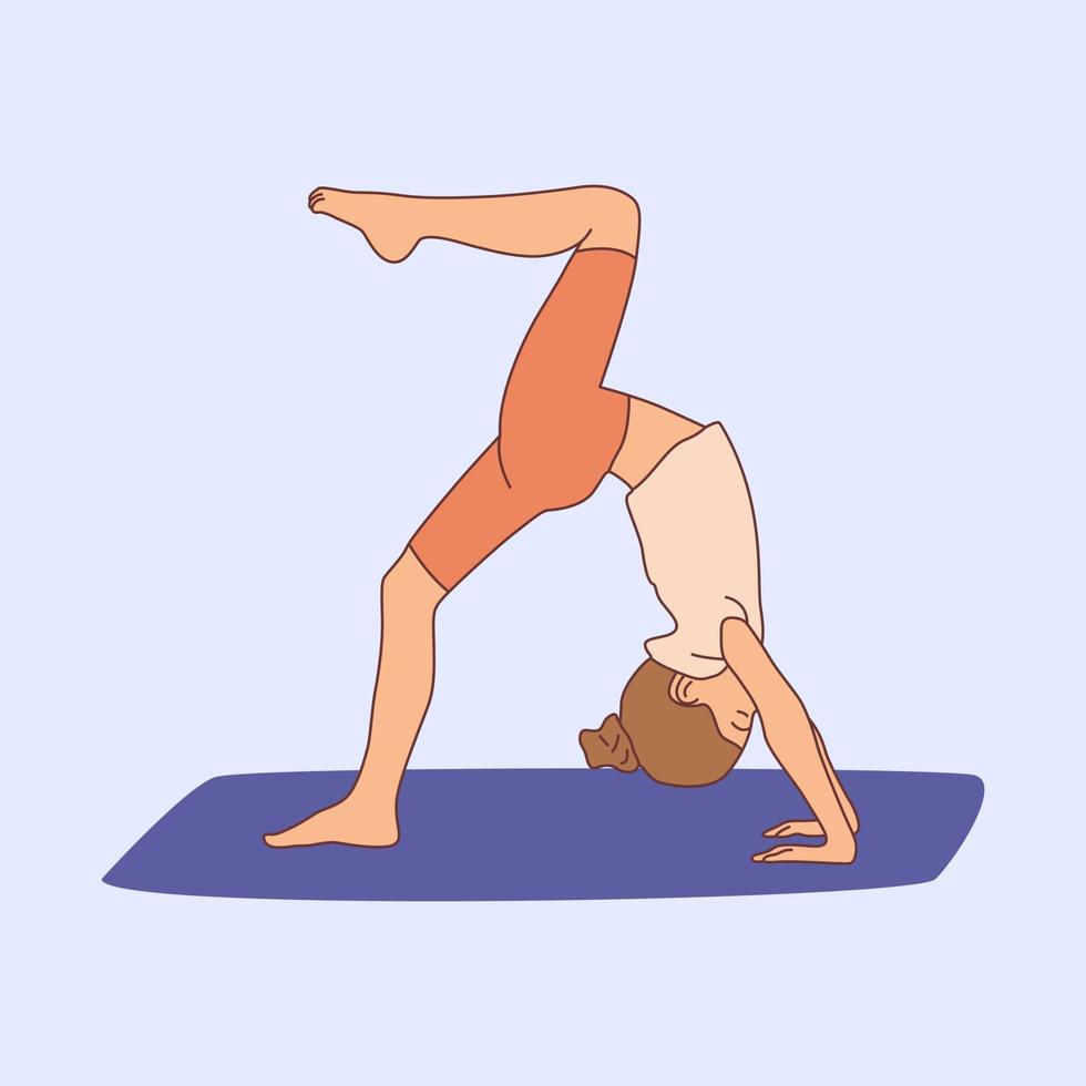 Mädchen, das Yoga auf der Gymnastikmatte praktiziert. Kinder Yoga Kinder. meditierendes Kind, das in Brückenübung steht, einbeinige Radhaltung. hand gezeichnete flache illustration vektor