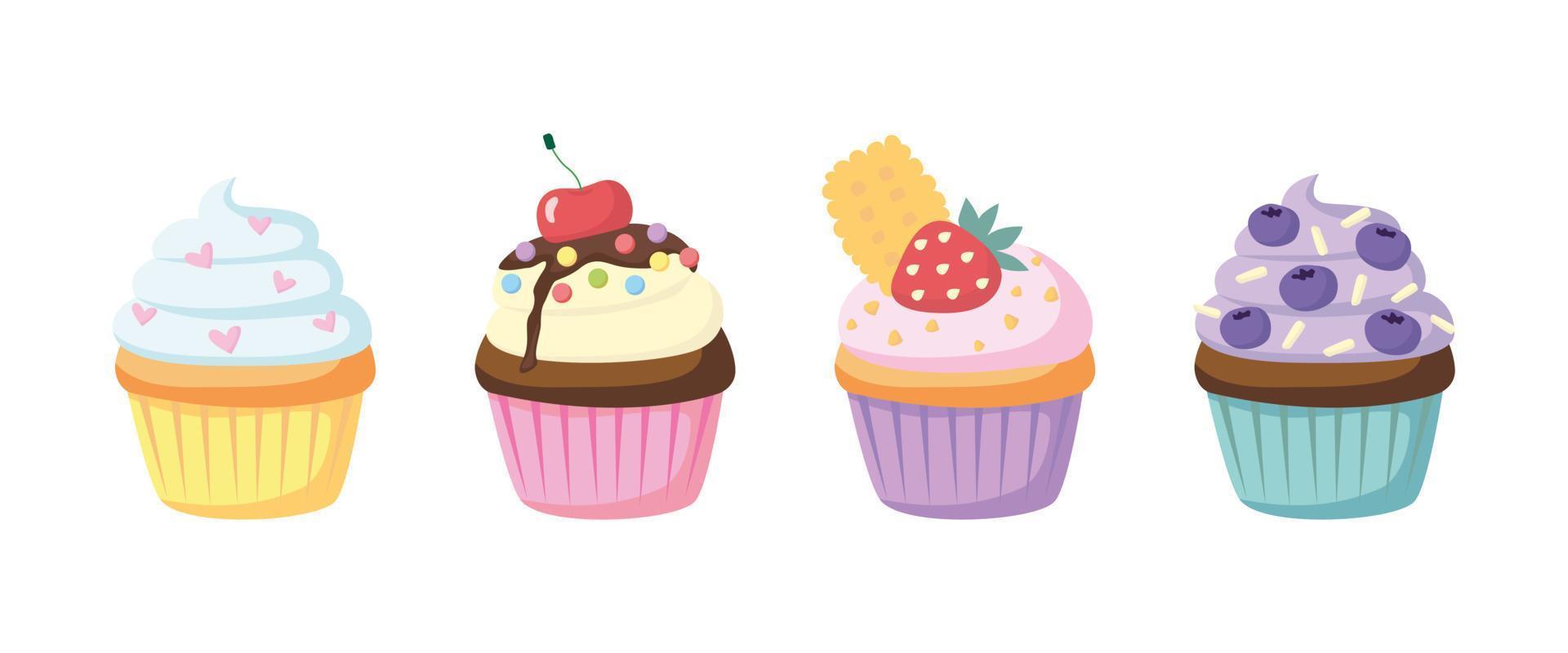Set aus verschiedenen Cupcakes in Cupcake-Papier. Sahnegebäck mit Beeren, Pulver, Kekse. süße Zuckerdesserts. Bäckerei, Dessert, süße Produkte, Kochen, Teeparty. handgezeichneter flacher Cupcake vektor