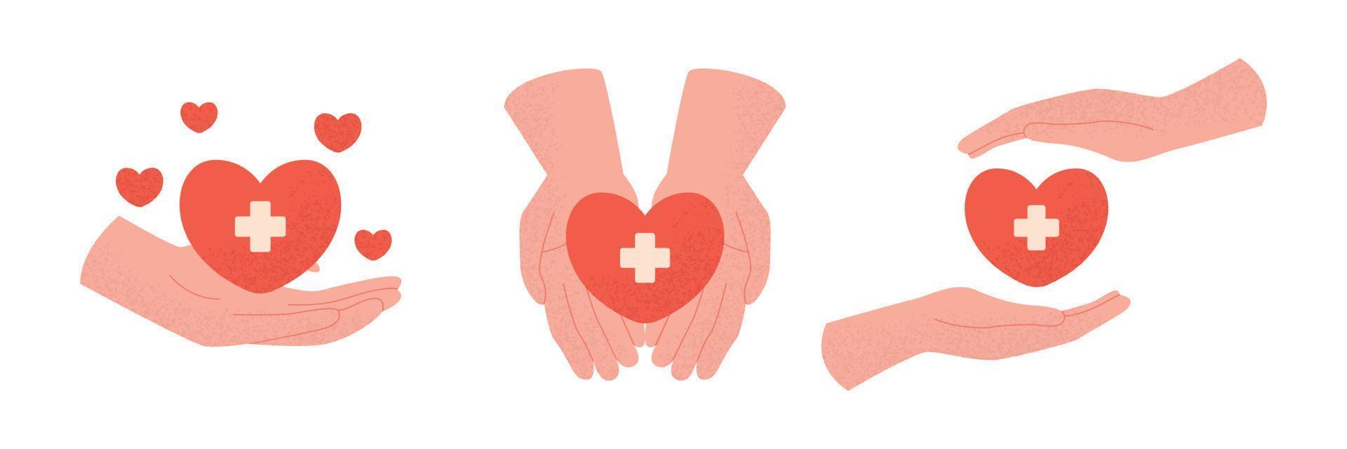 uppsättning hjälpande händer som ger hjärta i modern platt stil. världsdagen för organdonation. välgörenhet, hälsa, frivillig, ideell organisation. blodgivning, dela kärlek till behövande. annonsera socialvård. vektor
