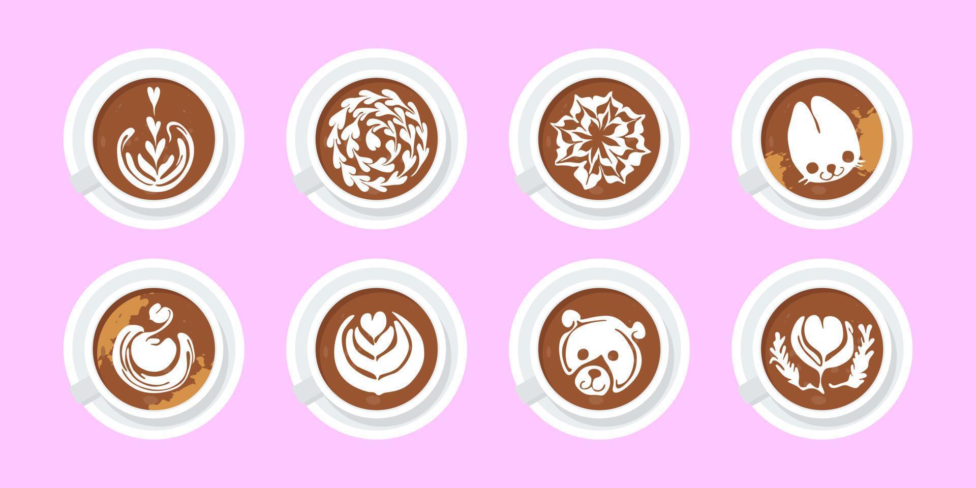 set med latte art kaffe i koppar i fat. uppifrån och ner. olika teckningar av mjölkskum i en mugg cappuccino. löv, hjärta, djur form latte art design. handritad trendig illustration. vektor