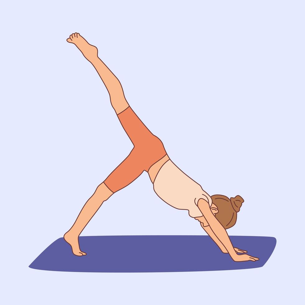 flicka utövar yoga på gymnastikmatta. barn yoga barn. mediterande barn som står i ett ben nedåtvänd hundövning, eka pada adho mukha svanasana pose.handritad platt illustration vektor