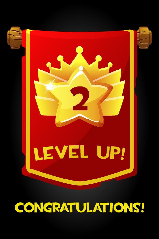 level up belohnung auf flaggenkarikatur gold symbol, game app ui isoliertes design element für spiel. vektor