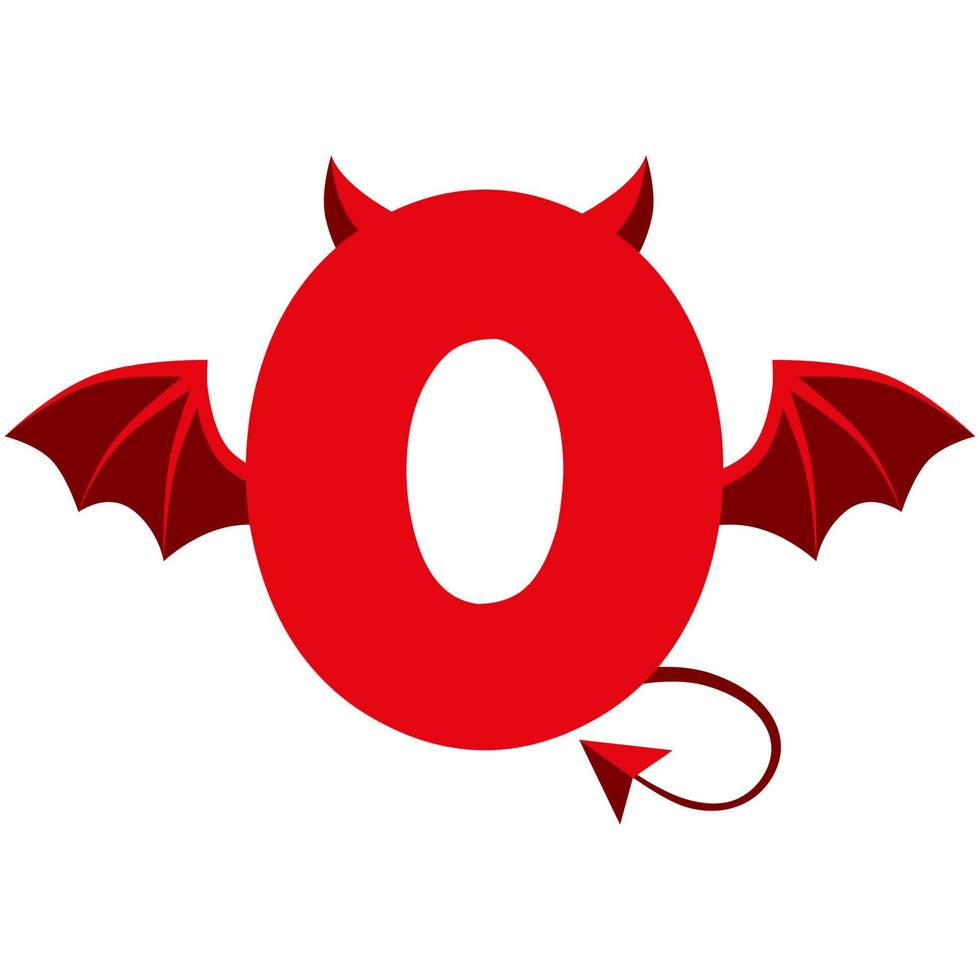Devil Red 0 Zahlen mit Flügeln für UI-Spiele. Gruseliger dunkler Cartoon-Dämon Null. vektor