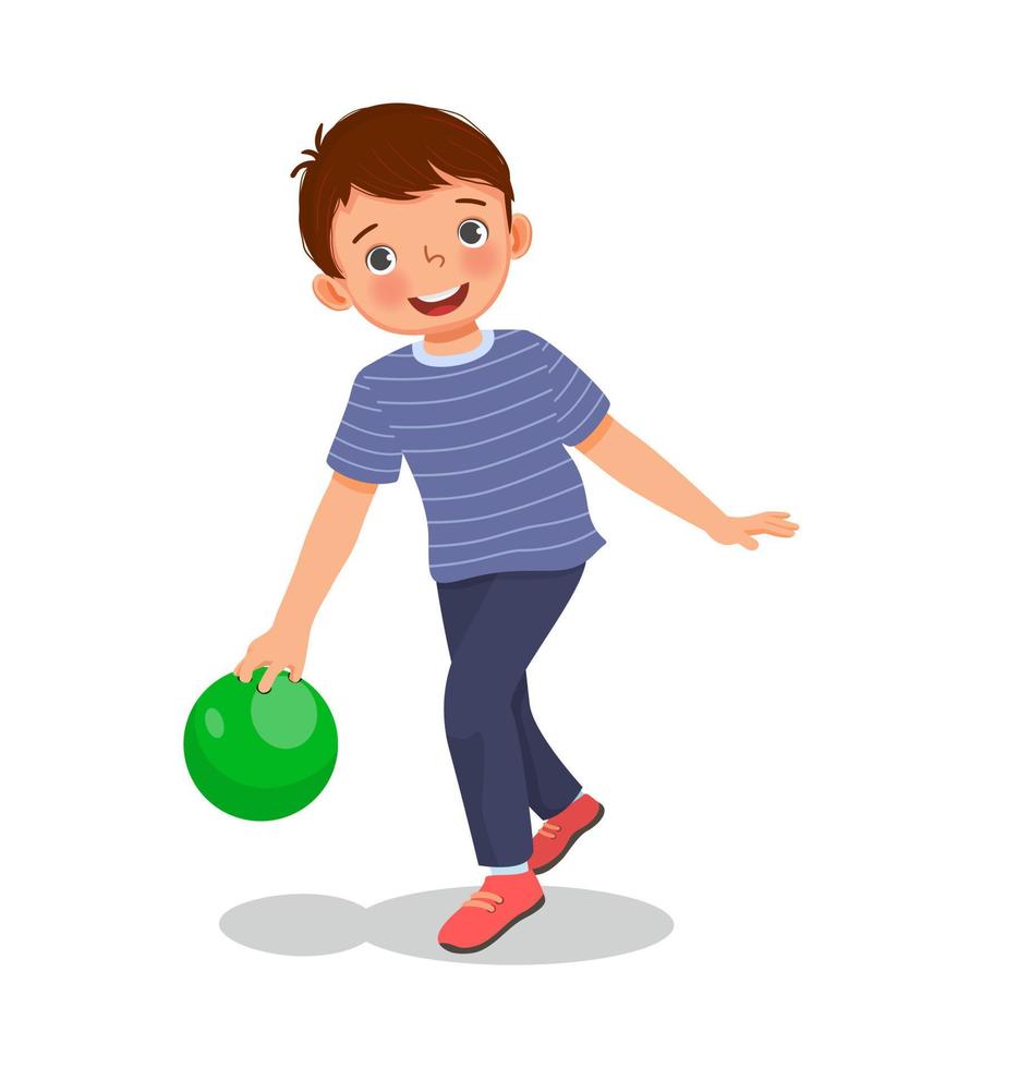 söt liten pojke spelar bowling i sportklubben redo att kasta bollen vektor