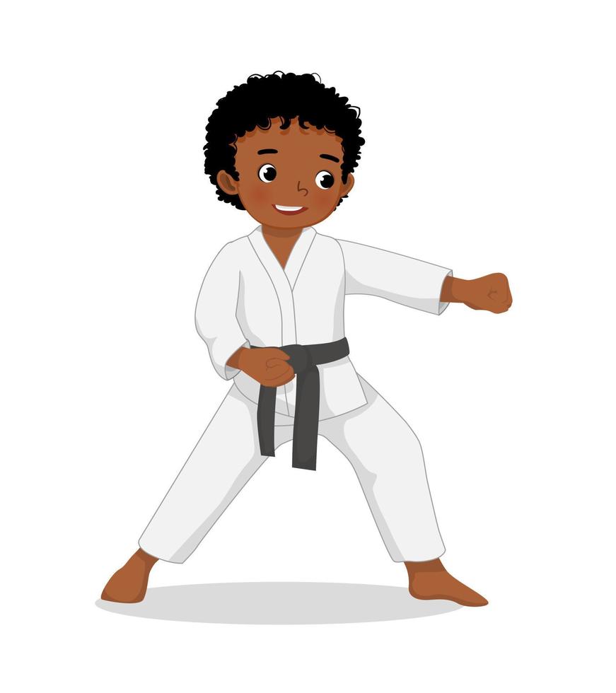 süßer kleiner Karate-Kind afrikanischer Junge mit schwarzem Gürtel, der Handschlag-Angriffstechniken zeigt, posiert in der Kampfkunst-Trainingspraxis vektor