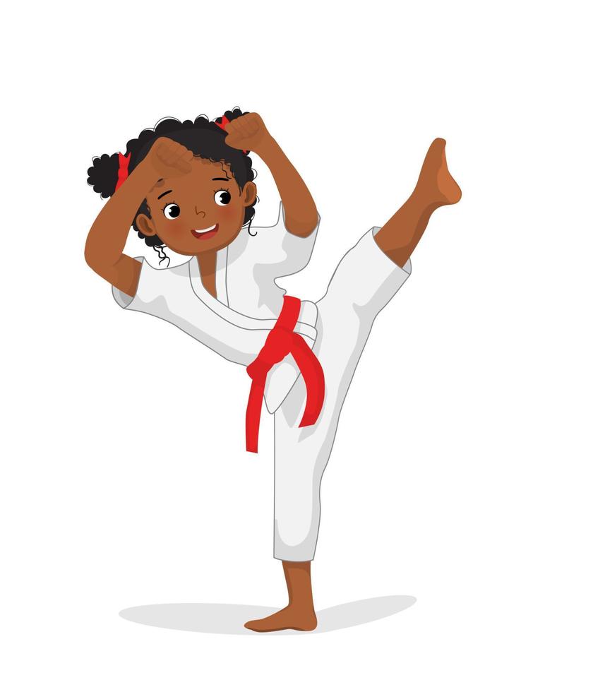 süßes kleines afrikanisches karate-mädchen mit rotem gürtel, das trittangriffstechniken zeigt, posiert in der kampfkunst-trainingspraxis vektor